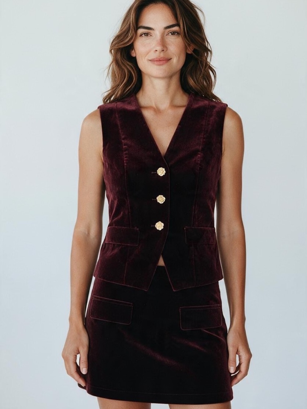 Moon River Burgundy Velvet Jacket with Gold Rose Buttons missing button!